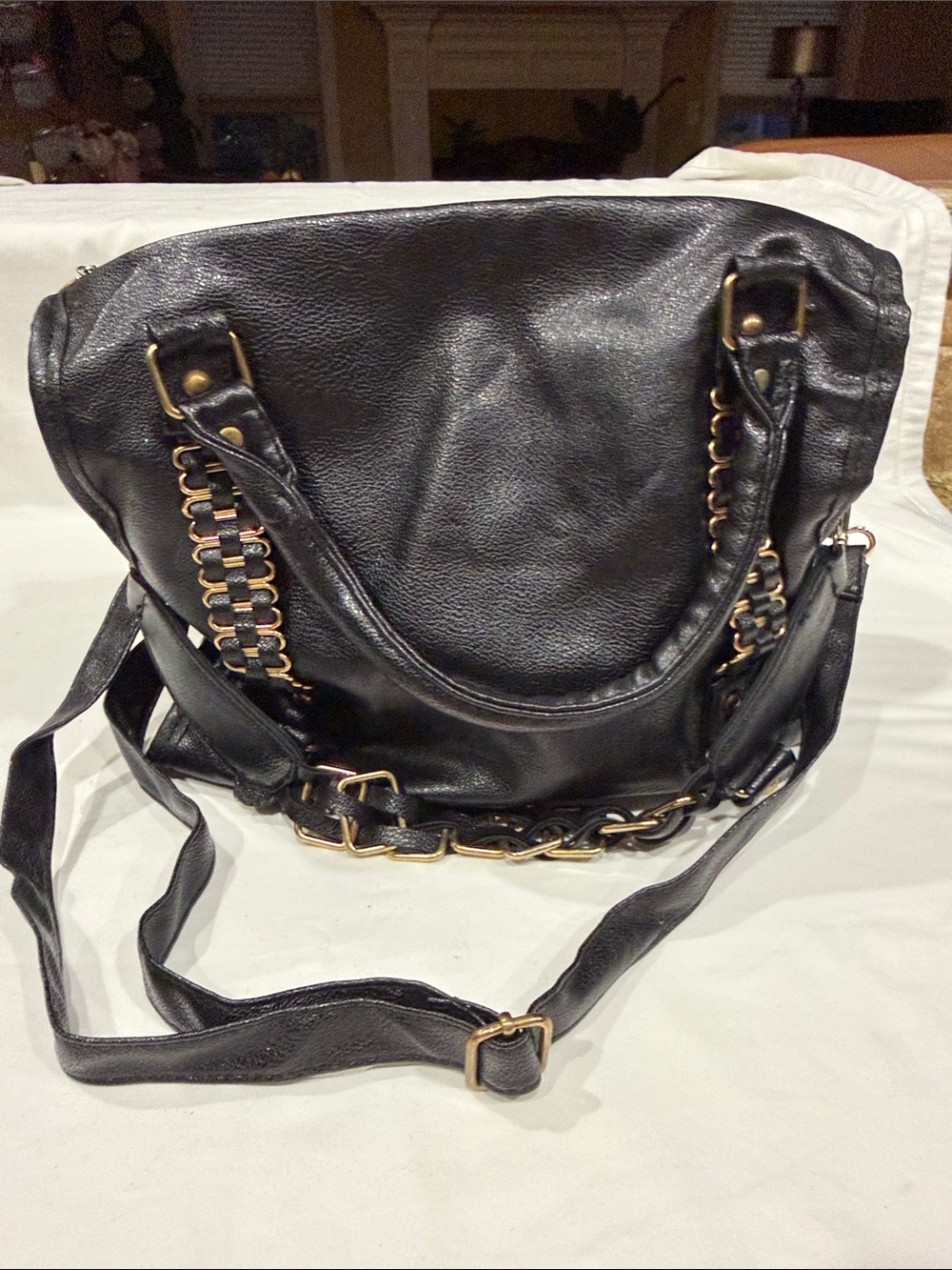 Black Chain-Trim Shoulder Bag with Adjustable Strap